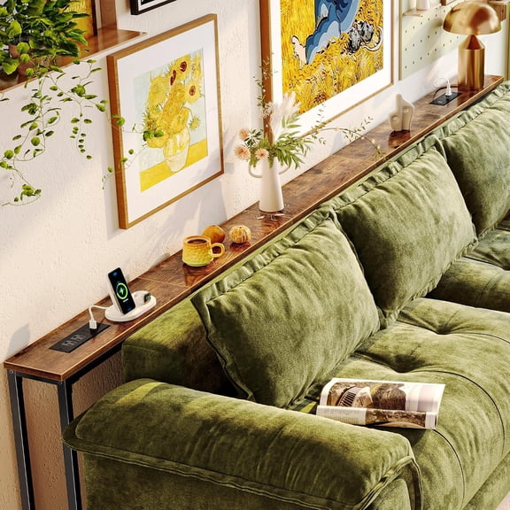 118.1 Inch Behind Couch Table with 2 Power Outlets and USB-C Ports, Extra Long Narrow Sofa Table for Sectional Sofa, Skinny Console Table with Anti-Bump Pads, for Living Room, Rustic Brown