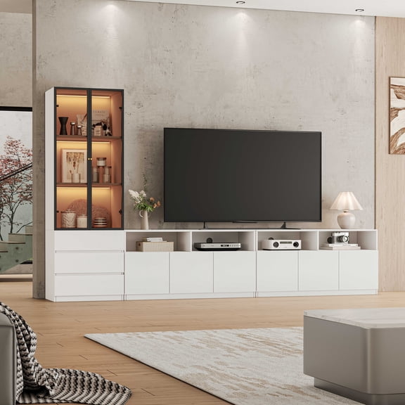 118.1'' White Entertainment Center With Bookshelf For 75/85/95/100 inch TV, Modern Wooden Storage Media Console With TV Stand And Lights Glass Door bookshelves For Living Room Bedroom