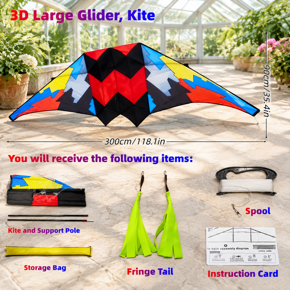 118.1-inch Giant Box Kite Adult Size Colorful Geometry with Tassel Tail and 300-foot Flying Line