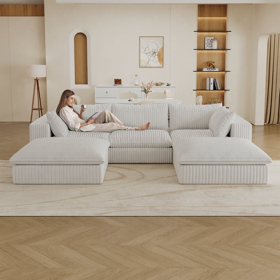 118.2" Cloud Sofa,Corduroy Fabric,Deep Seat Couches,Double-layer design,Removable Cushion,No Assembly, DIY Combination for Living room, Bedroom,Conference room ,Apartment,White