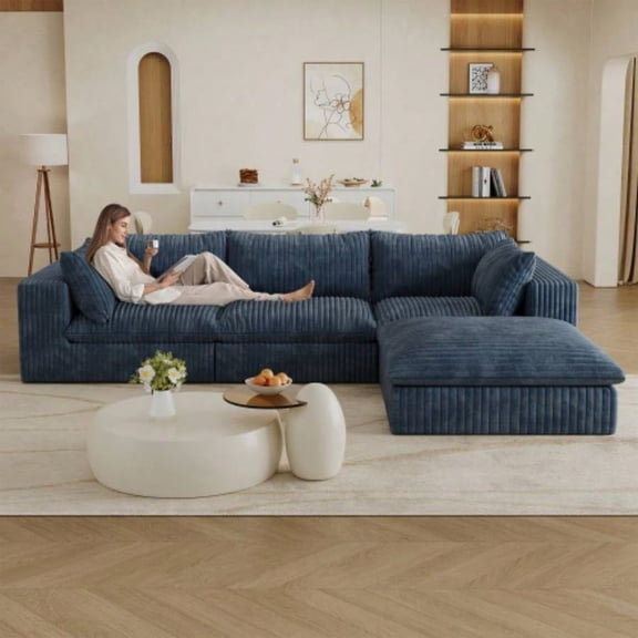118.2 inch Cloud Sofa, Corduroy Fabric, Deep Couches, Double - layer design, Removable Cushion, No Assembly, Combination Living room, Bedroom, Conference room, Apartment, Blue