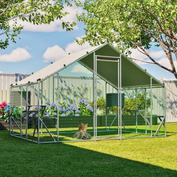 118" × 78" Large Cat Catio Cages for Outside, DIY Solid Wood Platform Walk-in Cat House for Outdoor Cats, Weatherproof Roof, Multi-Pet Use