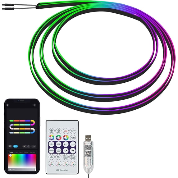 118" Acrylic Interior Car Lights, 0.08in Ultra-Thin Thickness Ambient Lighting Kits with Smart APP, RGB 2 in 1 USB Powered LED Strip Light Music Sync Neon for Vehicle (2 * 59in)