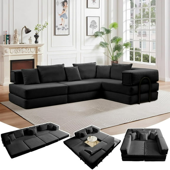 118" Cloud Modular Sectional Couch - 6 in 1 Boneless Memory Foam Sofa, L-Shaped Big Comfy Corduroy Couches, Convertible Sleeper Sofa Bed for Living Room, No Assembly Required, DIY Combination (Black)