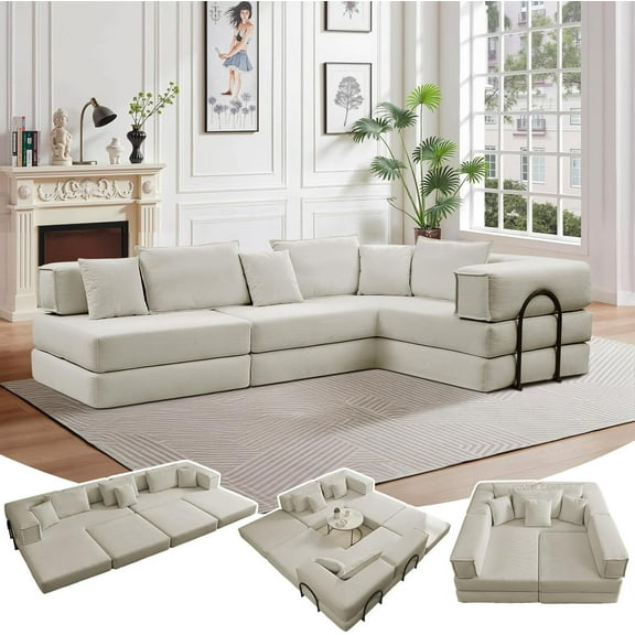 118" Cloud Modular Sectional Couch - 6 in 1 Boneless Memory Foam Sofa, L-Shaped Big Comfy Corduroy Couches, Convertible Sleeper Sofa for Living Room, No Assembly Required, DIY Combination(Warm Gray)