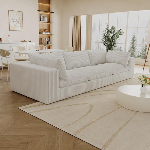 118" Cloud Modular Sectional Couch,Modern Double-Layer Design Upholstered Couches, Comfort Corduroy Fabric Sofa for Living Room, Deep Seat Couch, No Assembly Required (White,3 Seater)