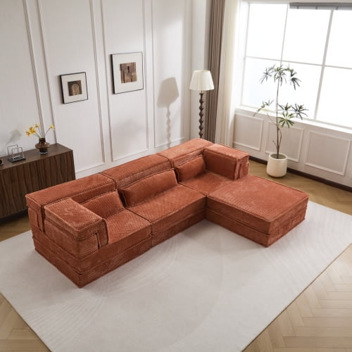 118" Convertible Modular Sectional Sofa, Oversized Sectional Chaise Lounge Indoor with Fleece, Minimalist Boneless Sectional Sofa Couch with Foam for Living Spaces, Orange
