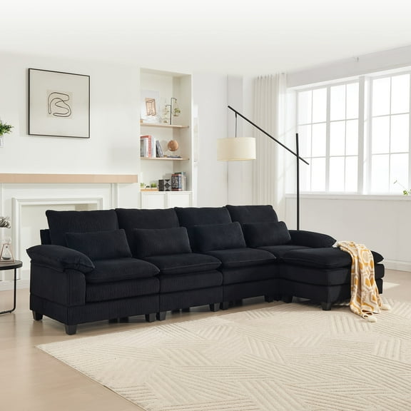 118 '' Corduroy 4-seat Sectional Sofa, L-shaped Modular Sofa Cloud Couch With Ottoman，Black
