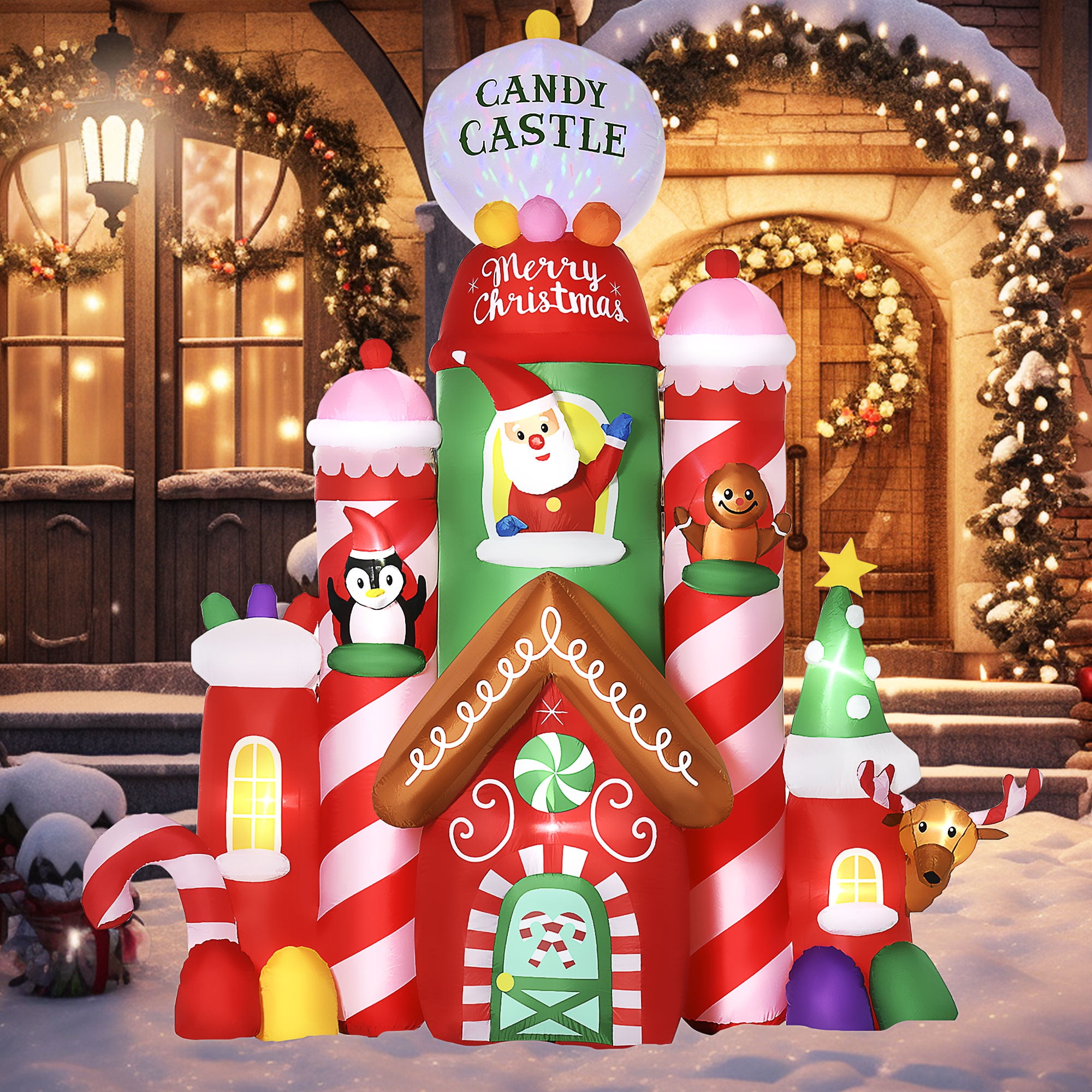 118"H Inflatable Christmas Candy Castle with Penguin Santa Gingerbread Man Elk, 10 LEDs 1 Rotating Colorful Light, IP44 Polyester, 10 Stakes 5 Drawstrings 3 Sandbags, Indoor Outdoor Holiday Decor