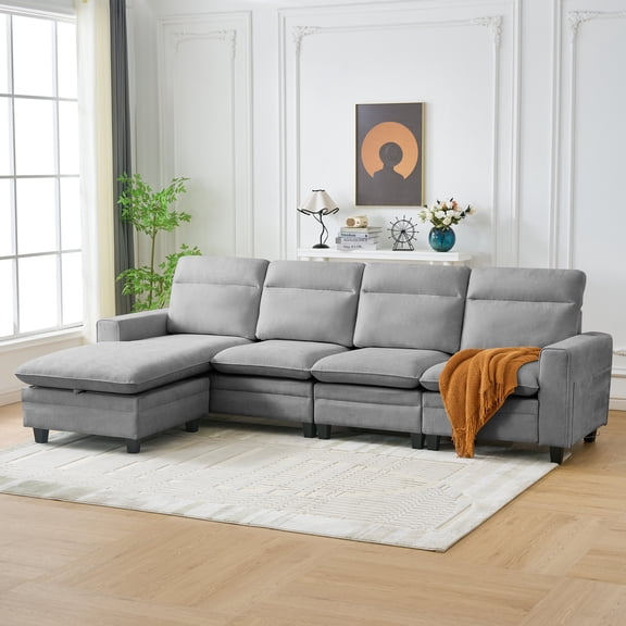 118 Inch Chenille Modern L Shape Sofa,Reversible chaise Sofa with Storage,Convertible L Shape Couch with Chaise, Comfy Couches for Living Room,Light Grey