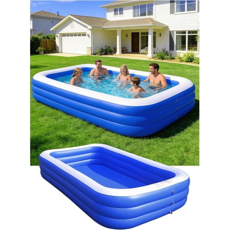118" Inflatable Pool, 0.35mm Double Thickened Blow Up Pool for Adults & Kids, Full-Sized Family Swimming Pool for Backyard with Electric Pump, 3 Independent Air Chambers