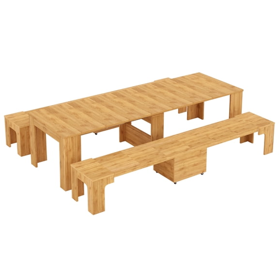 118'' Kitchen Dining Table Set with Bench, Extendable Console Table with Extension Leaves Holder, Seats 2-12, Space-Saving Extra Long Dining Table Furniture(Table+2 Benches)