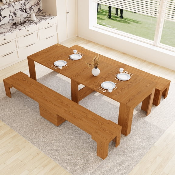 118'' Kitchen Dining Table Set with Bench, Extendable Console Table with Extension Leaves Holder, Seats 2-12, Space-Saving Extra Long Dining Table Furniture(Table+2 Benches)