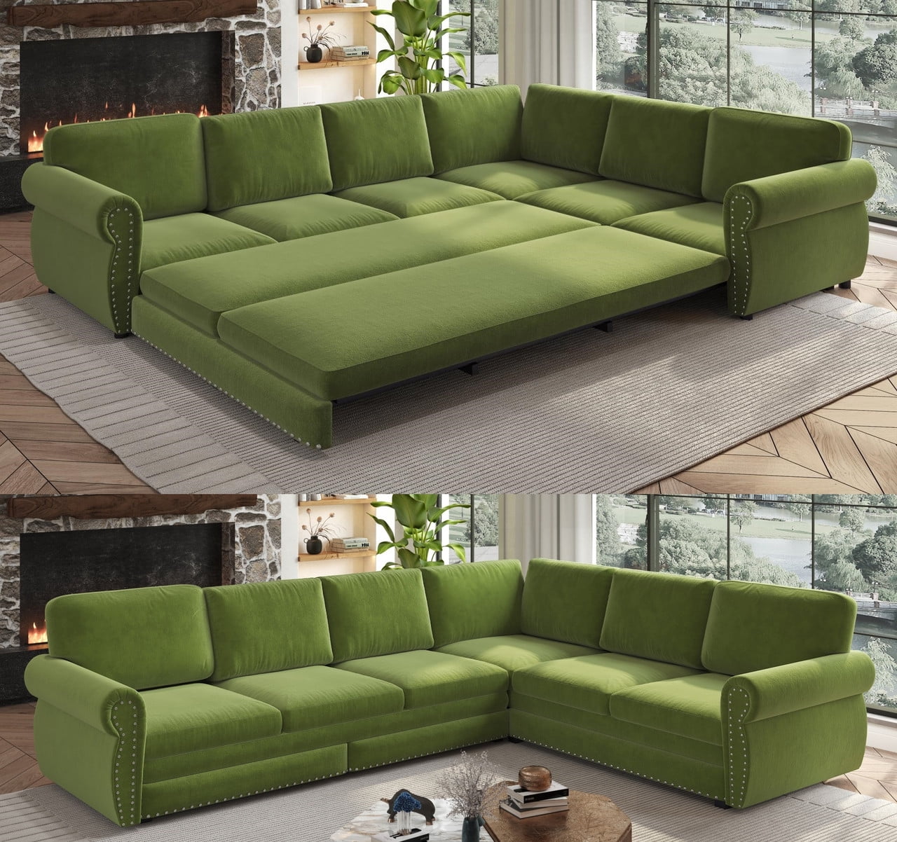 118" L-Shaped Convertible Sleeper Couch Bed, Chenille Upholstered Sectional Sofa with Pull-Out Sofa Bed, Modern Chesterfield Sofa for Living Room