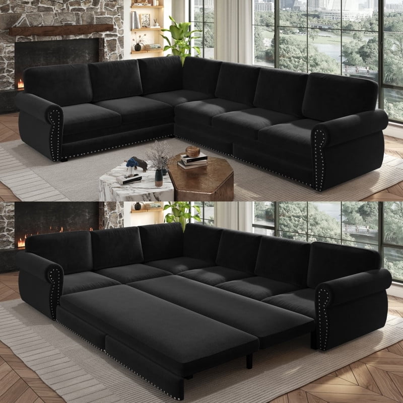 118" L-Shaped Convertible Sleeper Couch Bed, Chenille Upholstered Sectional Sofa with Pull-Out Sofa Bed, Modern Chesterfield Sofa for Living Room