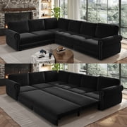118" L-Shaped Convertible Sleeper Couch Bed, Chenille Upholstered Sectional Sofa with Pull-Out Sofa Bed, Modern Chesterfield Sofa for Living Room