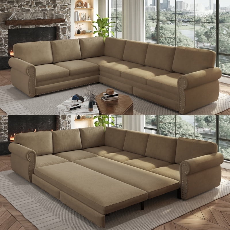 118" L-Shaped Convertible Sleeper Couch Bed, Chenille Upholstered Sectional Sofa with Pull-Out Sofa Bed, Modern Chesterfield Sofa for Living Room