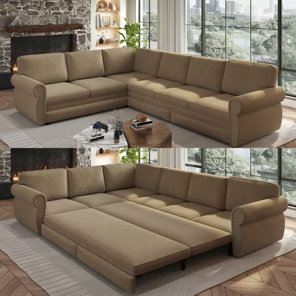 118" L-Shaped Convertible Sleeper Couch Bed, Chenille Upholstered Sectional Sofa with Pull-Out Sofa Bed, Modern Chesterfield Sofa for Living Room