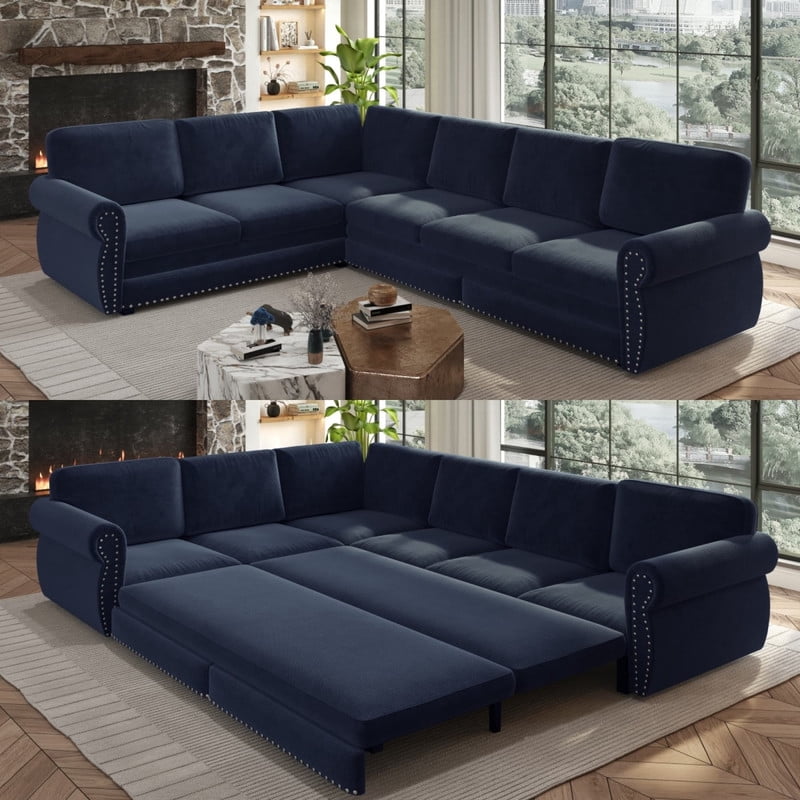 118" L-Shaped Convertible Sleeper Couch Bed, Chenille Upholstered Sectional Sofa with Pull-Out Sofa Bed, Modern Chesterfield Sofa for Living Room