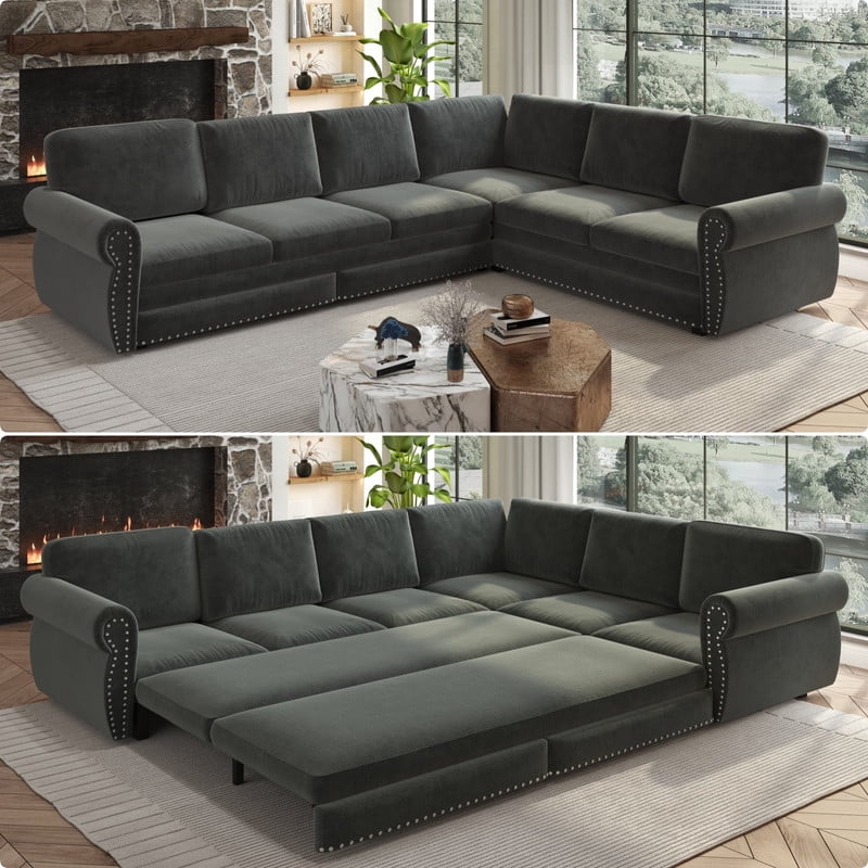 118" L-Shaped Convertible Sleeper Couch Bed, Chenille Upholstered Sectional Sofa with Pull-Out Sofa Bed, Modern Chesterfield Sofa for Living Room