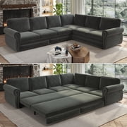 118" L-Shaped Convertible Sleeper Couch Bed, Chenille Upholstered Sectional Sofa with Pull-Out Sofa Bed, Modern Chesterfield Sofa for Living Room