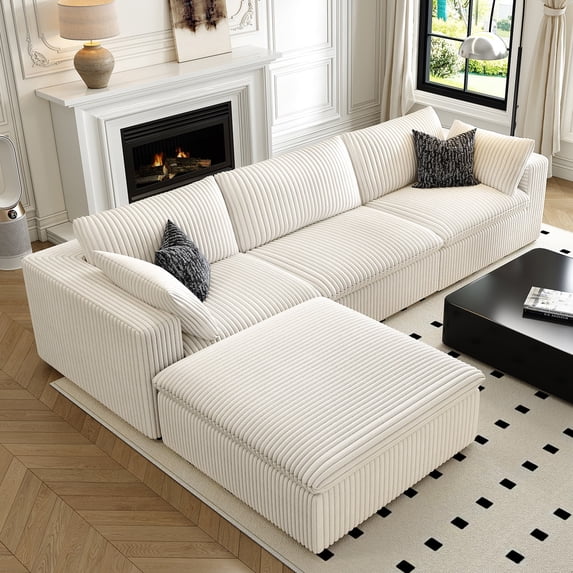 118" L Shaped Modern Sofa Modular Sectional Cloud Couch with Ottoman,Deep Seat Upholstered Couches with Plush Corduroy Fabric for Living Room Furniture,Apartment,No Assembly Required,White