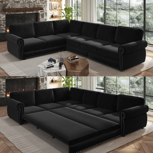 118" L-Shaped Sectional Sleeper Sofa with King Size Pull-Out Bed, Chenille Upholstered, Nailhead Trim & Rolled Arms, Black