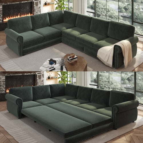118" L-Shaped Sectional Sleeper Sofa with King Size Pull-Out Bed, Chenille Upholstered, Nailhead Trim & Rolled Arms, Green