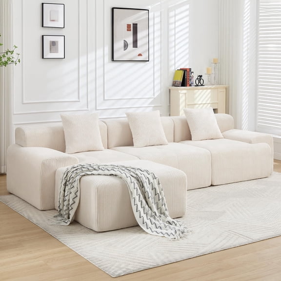 118"Modern L-Shaped Modular Sectional Sofa, Boneless Modular Couches for Living Room, Corduroy Upholstered Sofa with Deep Seat, Oversized 3-Seater Cloud Sectional Couch, No Assembly, Beige
