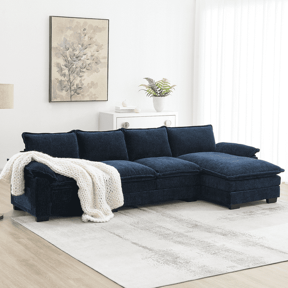 118" Modern L-Shaped Modular Sectional Sofa with Reversible Chaise,5-Seat Upholstered Comfy Chenille Cloud Couch with Double Cushions and Storage Pockets for Living Room,Bedroom,Apartment,Dark Blue