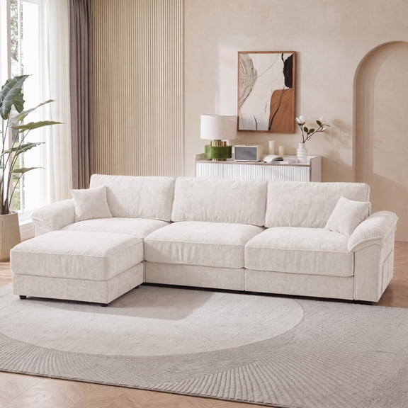 118" Modular Cloud Sectional Sofa, 4 Seater Chenille Deep Seat Couch with Movable Ottoman & 2 Pillows, Beige, for Living Room, Bedroom, Apartment