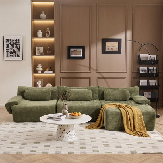 118" Modular Cloud Sectional Sofa with Ottoman, Curved Modern Couch with Deep Seat, Compression Fabric Sectional Sofa for Living Room, Green
