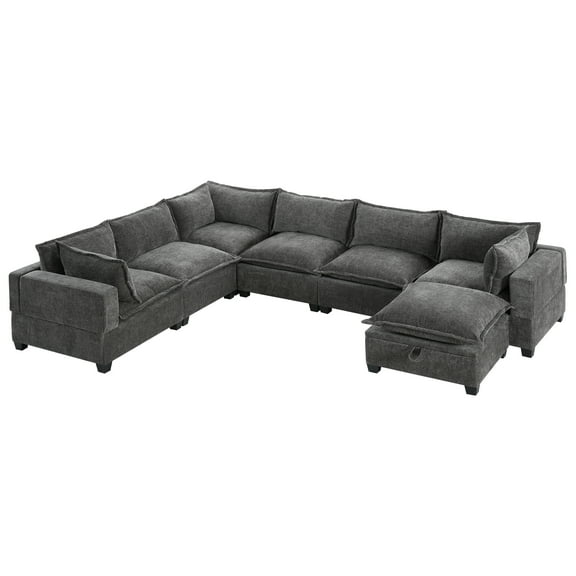 Ndrfhaj U Shaped Sectional Sofa with Movable Storage Ottoman and Wide Seat, Gray