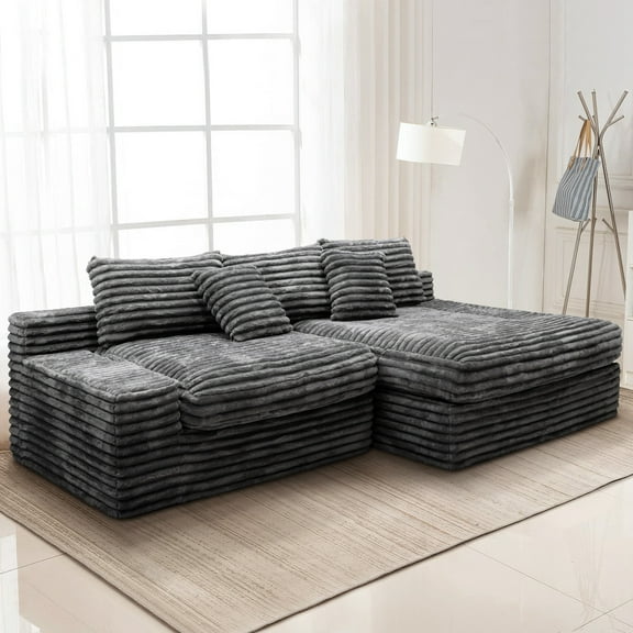 118" Modular Sectional Sofa, Upholstered Plush Corduroy Compressed Couch for Living Room, Bedroom, Apartment, No Assembly Required, Grey