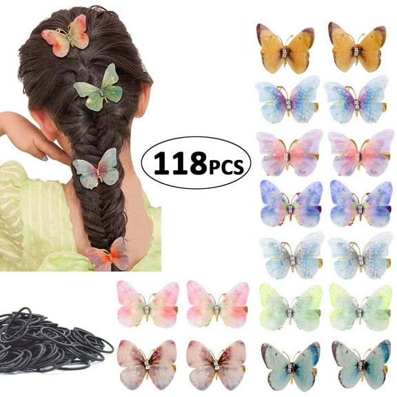118 PCS Butterfly Hair Clips Ties Set for Girls - Cute Butterfly Hair Accessories Kit for Toddlers, Kids, Teens, Women
