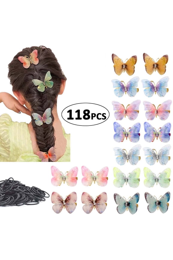 118 PCS Butterfly Hair Clips Ties Set for Girls - Cute Butterfly Hair Accessories Kit for Toddlers, Kids, Teens, Women