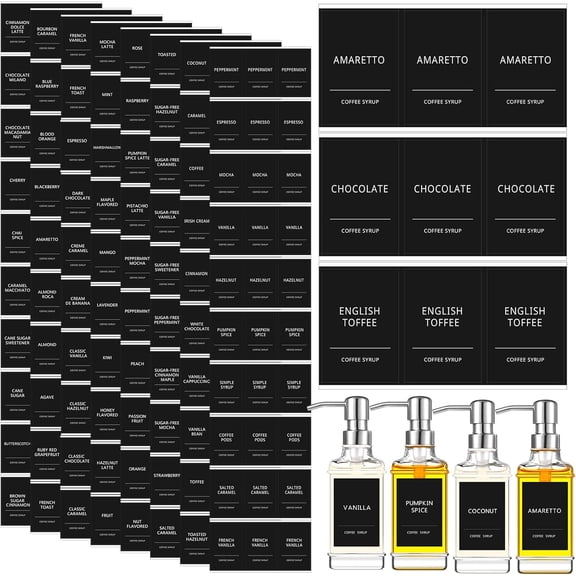 118 Pcs Coffee Syrup Labels for Bottles Waterproof Coffee Bar Labels Stickers for Syrup Dispenser Drinking Bottle Glass Cups Organization, Black