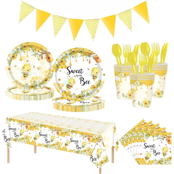 118 Pcs Spring Bee Baby Shower Birthday Decorations Tableware, Include Paper Plates Napkins Cups Tablecloth Banner and Plastic Cutlery, Sweet As Can Bee Party Supplies, Serves 16 Guests