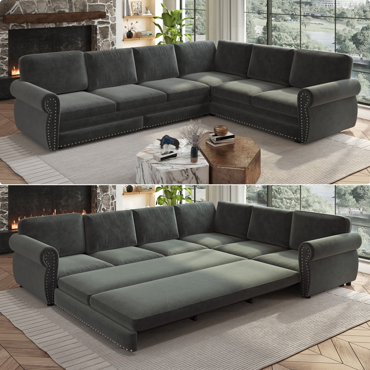 118'' Pull Out Couch, Convertible Sleeper Sofa Bed, Upholstered Sectional Sofa, Chenille L-Shaped Couch with Nailhead Trim, 6-Seater Modern Sectional Couches for Living Room,Bedroom, Dark Grey