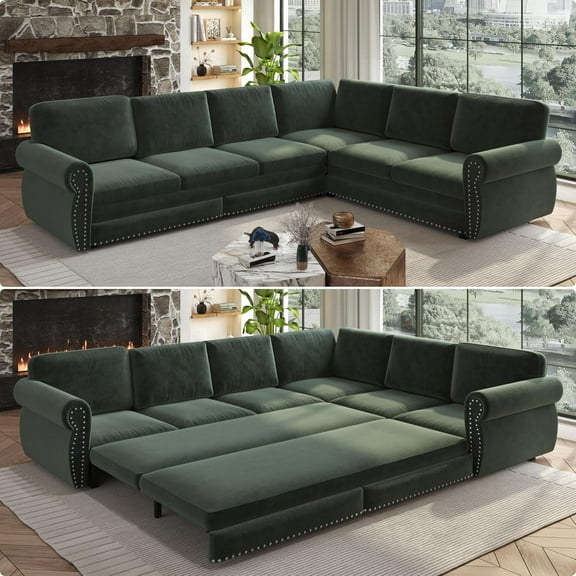 118'' Pull Out Couch, Convertible Sleeper Sofa Bed, Upholstered Sectional Sofa, Chenille L-Shaped Couch with Nailhead Trim, 6-Seater Modern Sectional Couches for Living Room, Apartment, Green