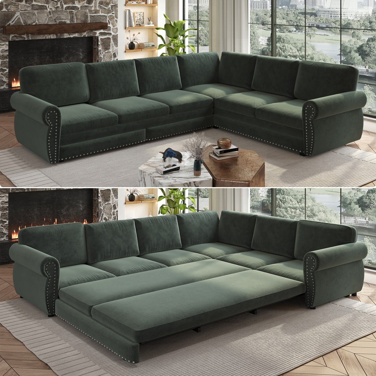 118'' Pull Out Couch, Convertible Sleeper Sofa Bed, Upholstered Sectional Sofa, Chenille L-Shaped Couch with Nailhead Trim, 6-Seater Modern Sectional Couches for Living Room, Apartment, Green