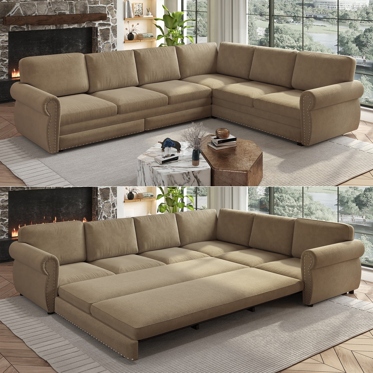 118'' Pull Out Couch, Convertible Sleeper Sofa Bed, Upholstered Sectional Sofa, Chenille L-Shaped Couch with Nailhead Trim, 6-Seater Modern Sectional Couches for Living Room,Bedroom, Camel