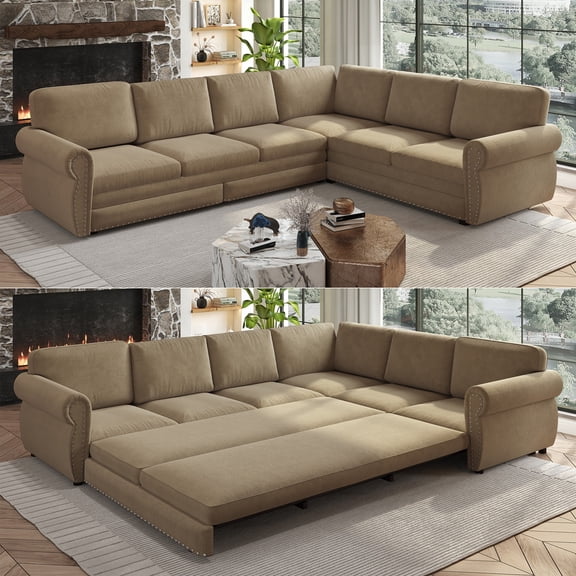 118'' Pull Out Couch, Convertible Sleeper Sofa Bed, Upholstered Sectional Sofa, Chenille L-Shaped Couch with Nailhead Trim, 6-Seater Modern Sectional Couches for Living Room,Bedroom, Camel