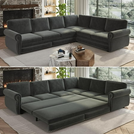 118'' Pull Out Couch, Convertible Sleeper Sofa Bed, Upholstered Sectional Sofa, Chenille L-Shaped Couch with Nailhead Trim, Modern 6 Seat Couches for Living Room, Apartment, Dark Grey