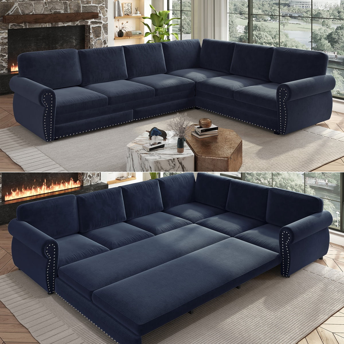 118'' Pull Out Couch, Convertible Sleeper Sofa Bed, Upholstered Sectional Sofa, Chenille L-Shaped Couch with Nailhead Trim, Modern Sectional Couches for Apartment, Living Room, Blue