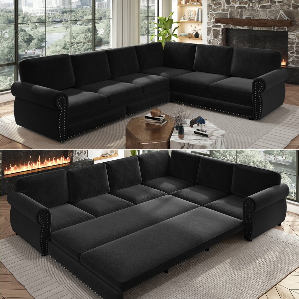 118'' Pull Out Couch, Convertible Sleeper Sofa Bed, Upholstered Sectional Sofa, Chenille L-Shaped Couch with Nailhead Trim, Modern Sectional Couches for Apartment, Living Room, Black