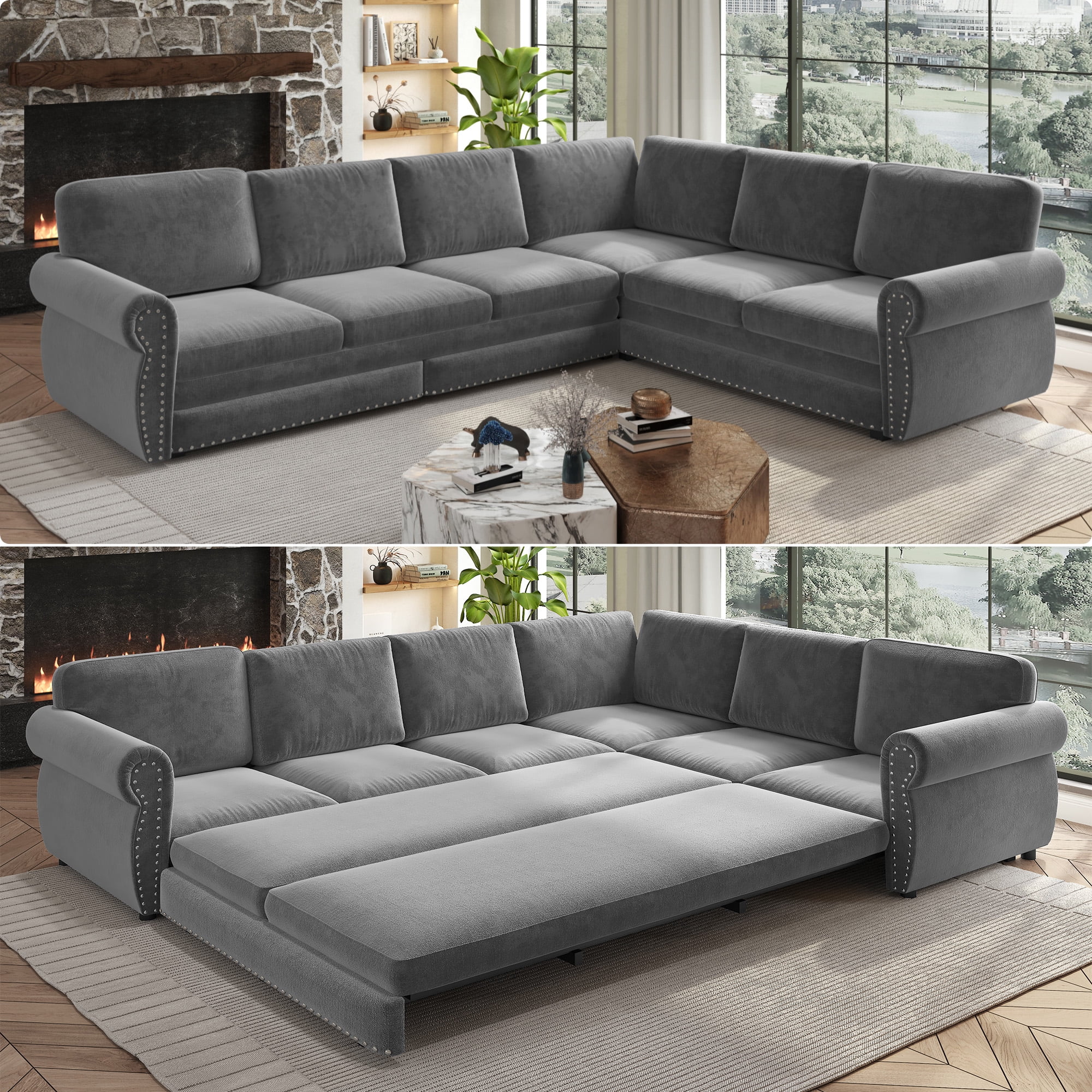 118'' Pull Out Couch, Convertible Sleeper Sofa Bed, Upholstered Sectional Sofa, Chenille L-Shaped Couch with Nailhead Trim, Modern Sectional Couches for Living Room, Apartment, Light Grey