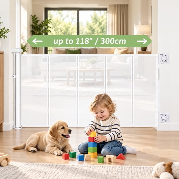 118" Retractable Dog Gates for Doorways and Stairs, 37.5'' Tall Mesh Safety Pet Gate for Outdoor, Indoor, Hallways, Doorways, Porch