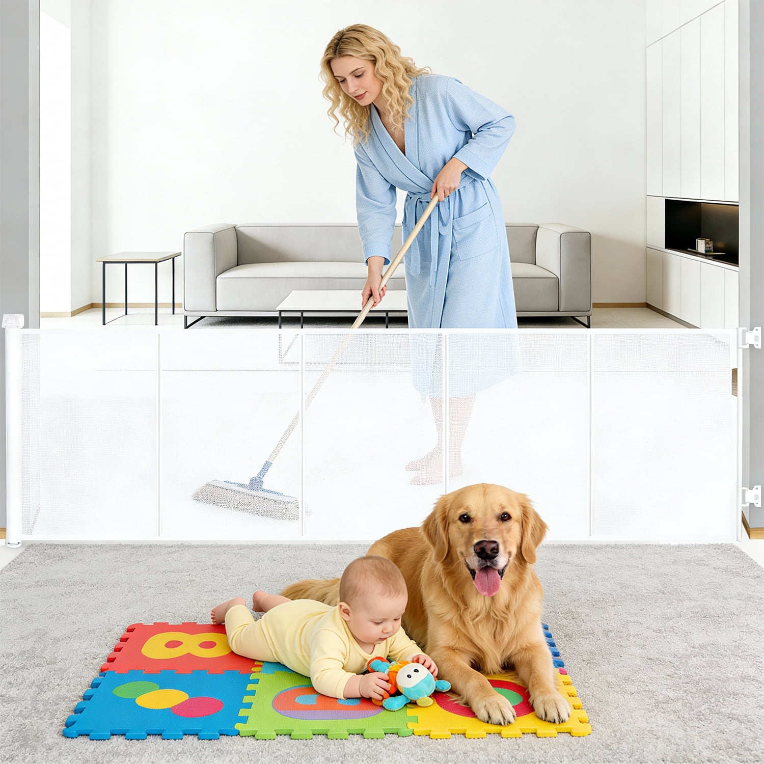 118" Retractable Dog Gates for Doorways and Stairs, 37.5'' Tall Mesh Safety Pet Gate for Outdoor, Indoor, Hallways, Doorways, Porch
