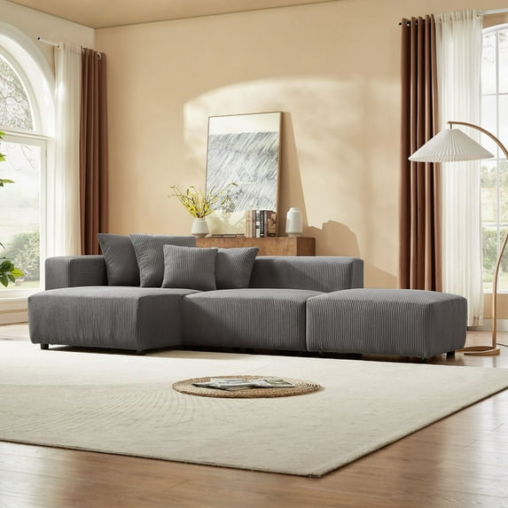 118" Sectional Modular Sofa, Modern L-Shaped Corduroy Upholstered Deep Seat Corner Sofa 3-Piece Set with Reversible Chaise, Minimalist Style Couch for Living Room, Apartment, Office, Gray